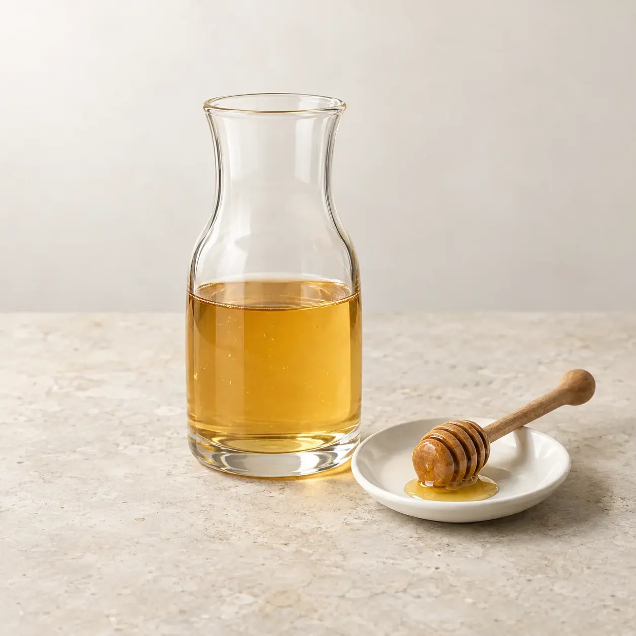 Golden honey syrup beside a wooden honey dipper