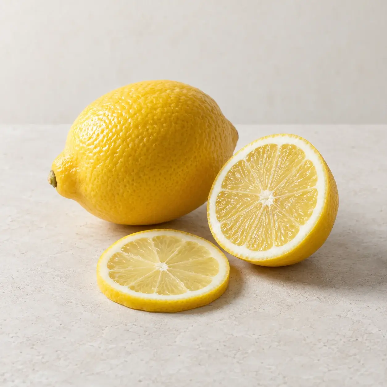 Whole lemon, lemon half and a thin lemon wheel on pale limestone