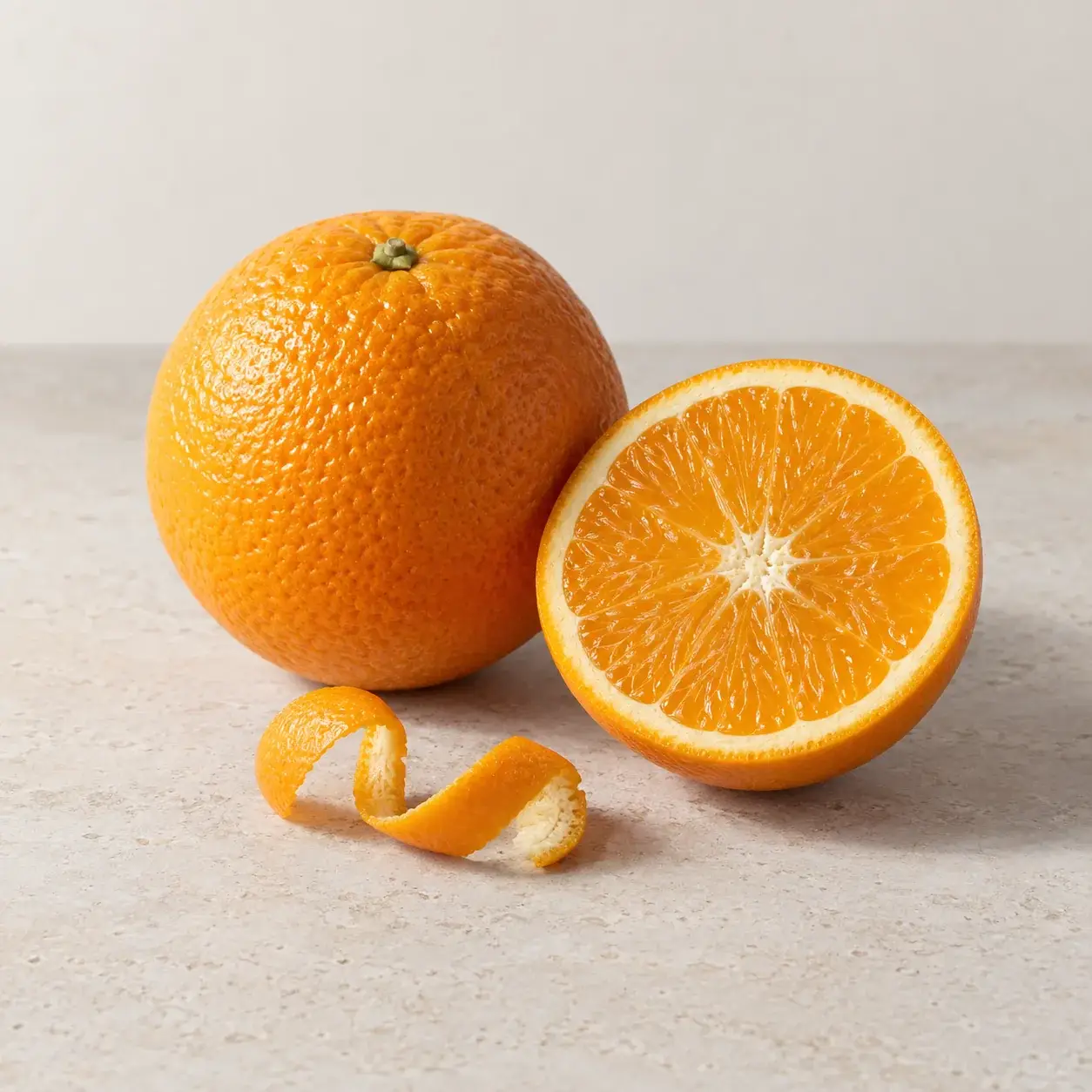 Whole orange, orange half and a curled orange peel