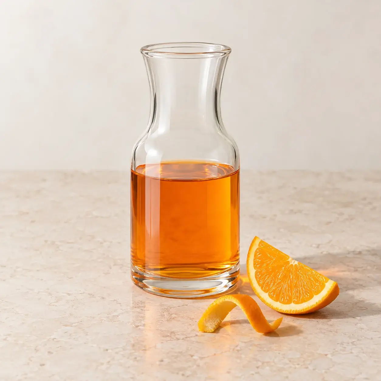 Clear orange liqueur with an orange wedge and peel curl