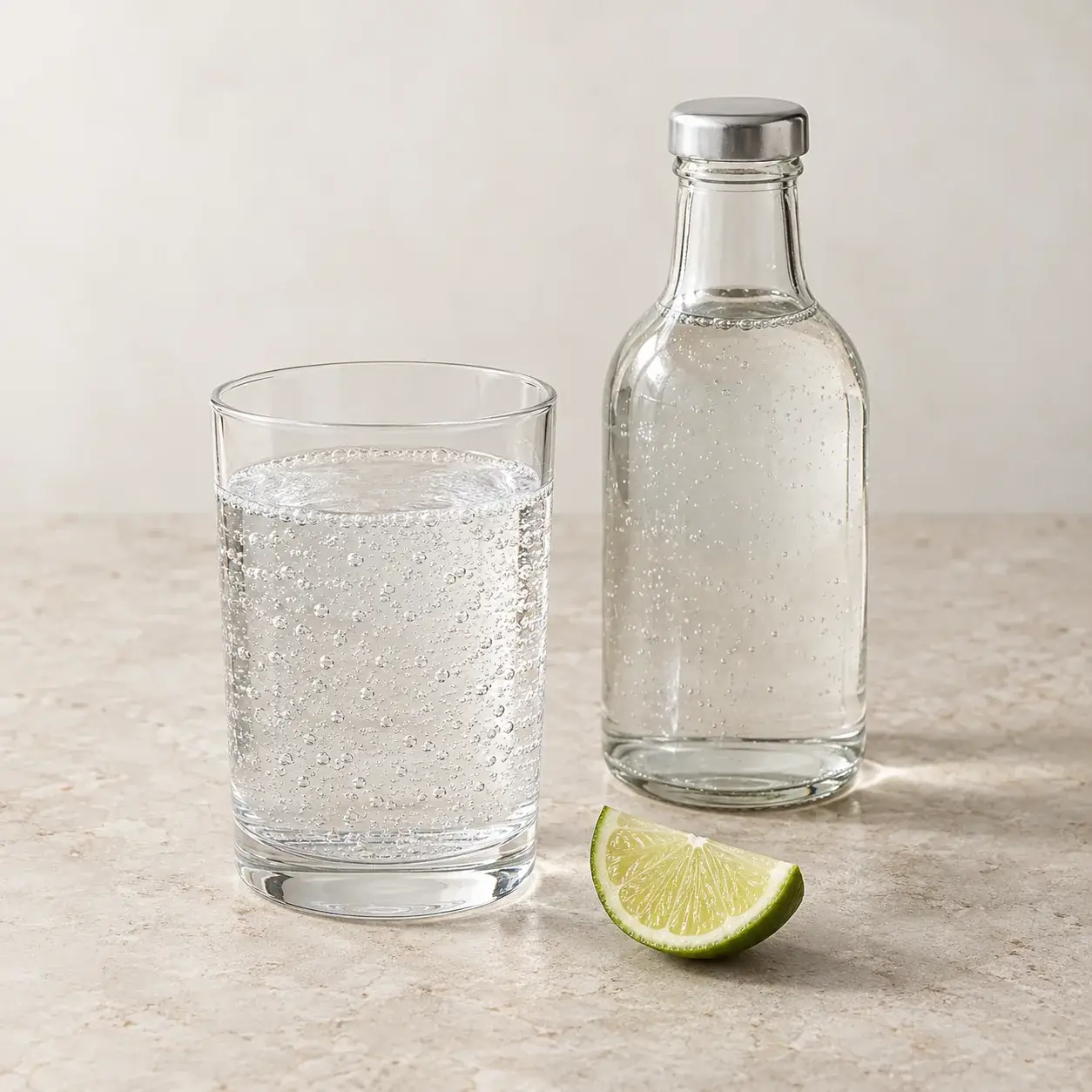 Tonic water in a clear glass with an unlabeled bottle and lime wedge