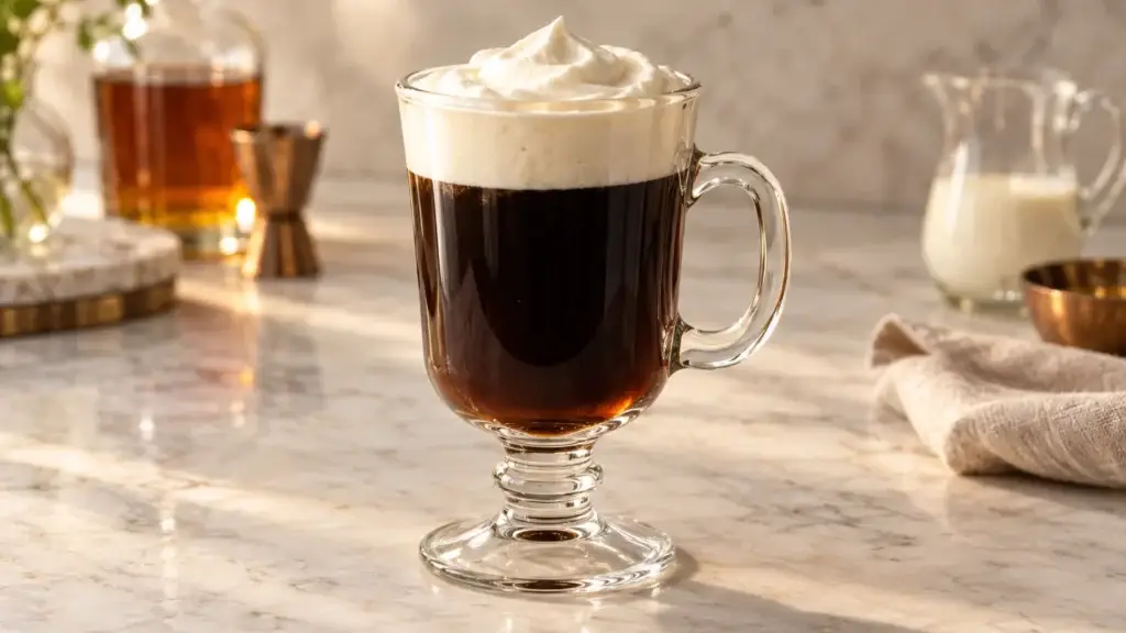 Irish Coffee cocktail in irish coffee mug