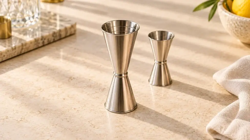 Tall stainless Japanese-style double jigger with interior graduation rings, with a smaller jigger behind on warm stone.