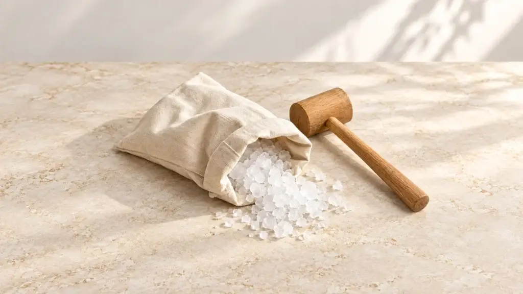 Undyed canvas Lewis bag with dry crushed ice spilling from its opening and a wooden mallet beside it.