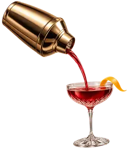 Cocktail Directory — bronze shaker pouring a ruby-red drink into a coupe