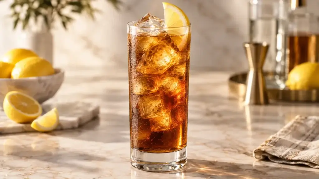 Long Island Iced Tea cocktail in collins glass with lemon wedge
