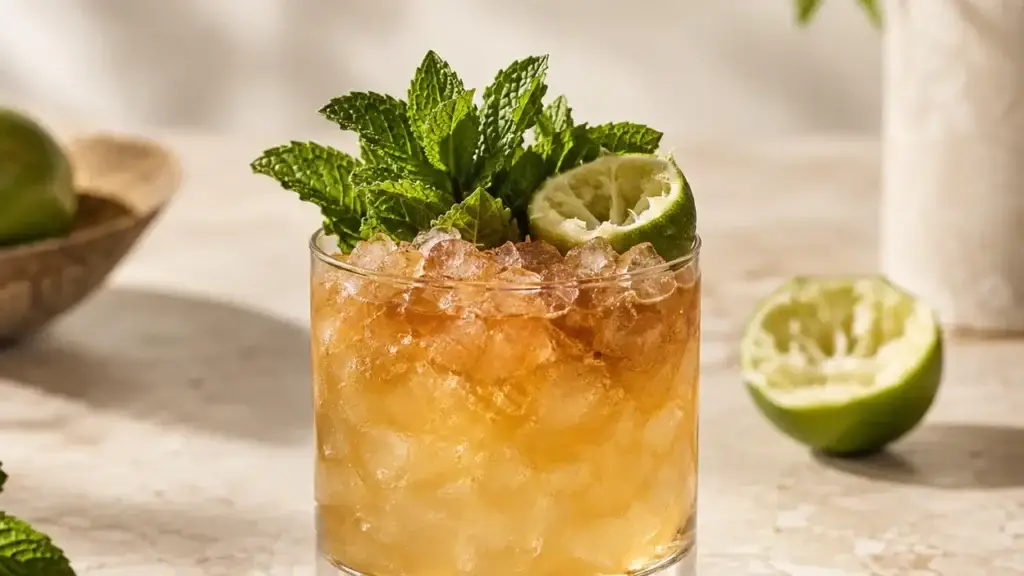 Amber Mai Tai over crushed ice with mint and a lime shell