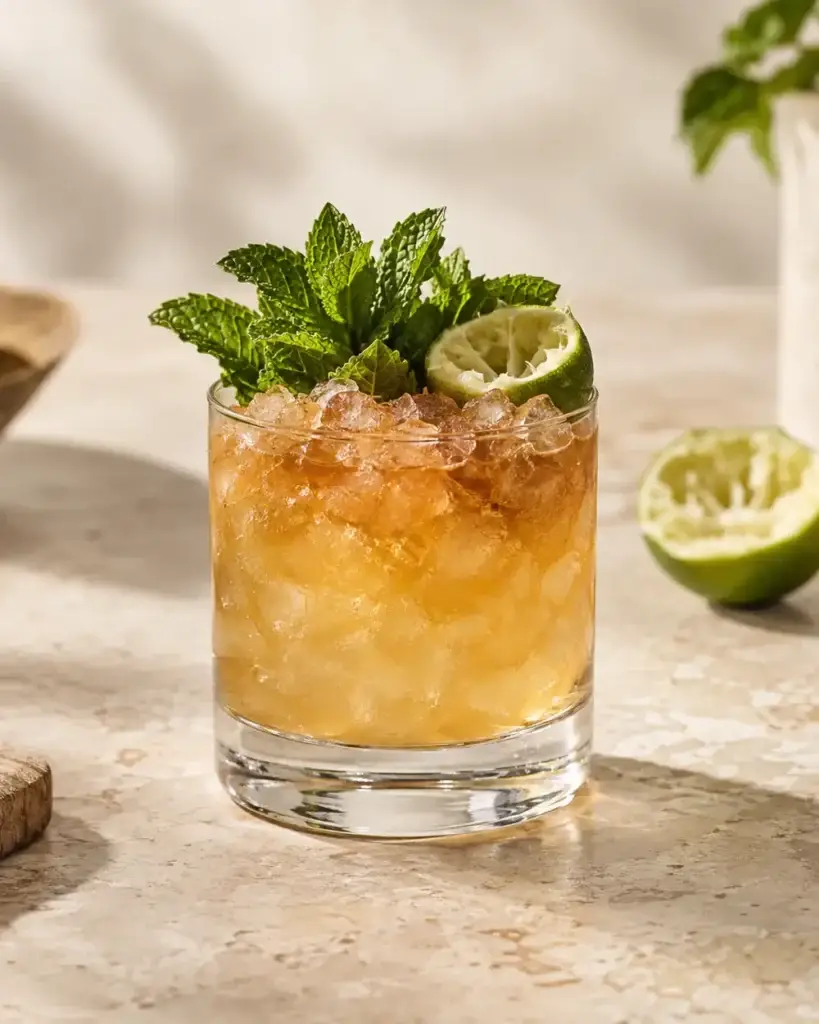 Amber Mai Tai over crushed ice with mint and a lime shell