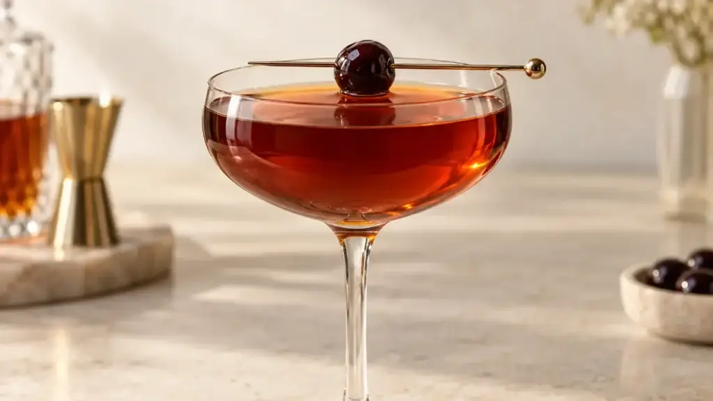 Amber Manhattan in a coupe with a dark cherry garnish