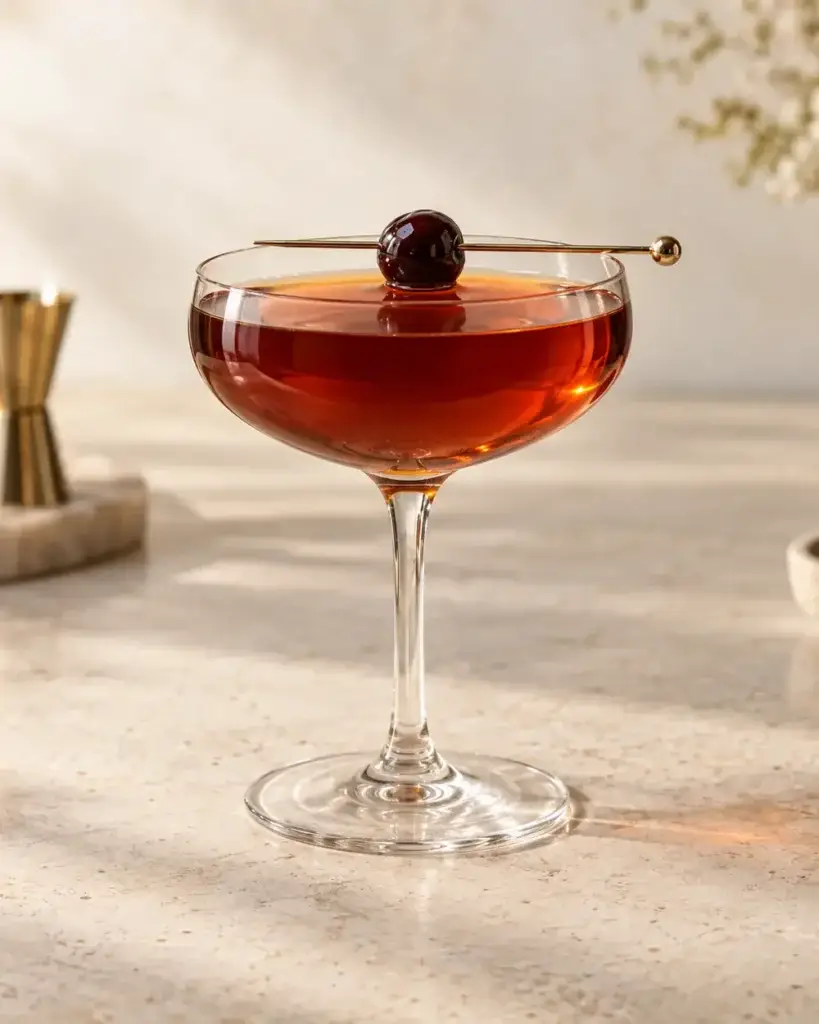 Amber Manhattan in a coupe with a dark cherry garnish