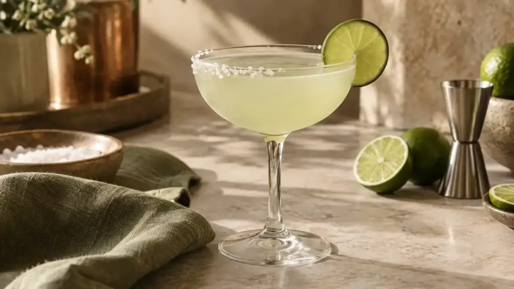 Pale lime Margarita in a coupe with a half-salted rim and lime wheel