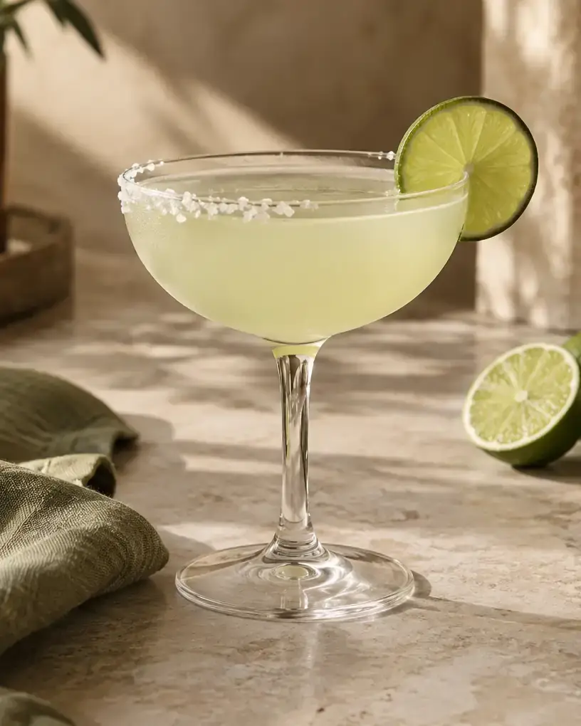 Pale lime Margarita in a coupe with a half-salted rim and lime wheel