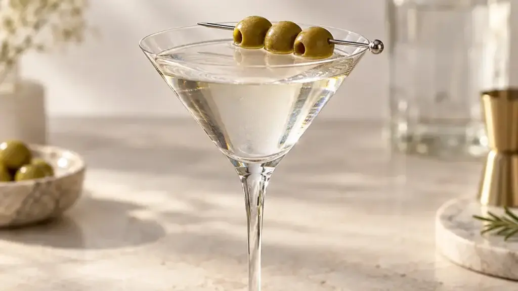 Clear dry Martini in a stemmed V-shaped glass with three olives on a pick