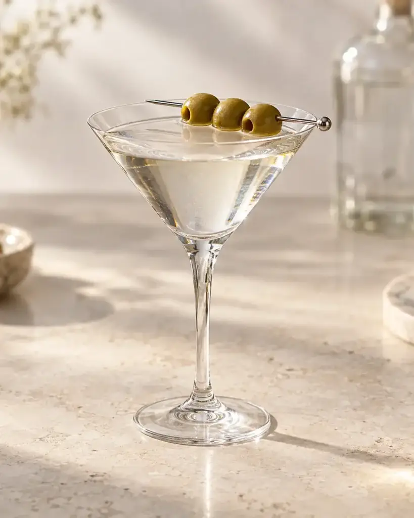Clear dry Martini in a stemmed V-shaped glass with three olives on a pick