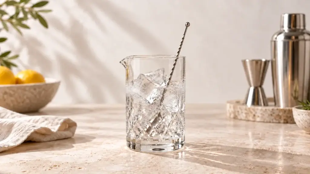Heavy yarai cut-crystal mixing glass holding large clear ice cubes and a barspoon, with light cold condensation.