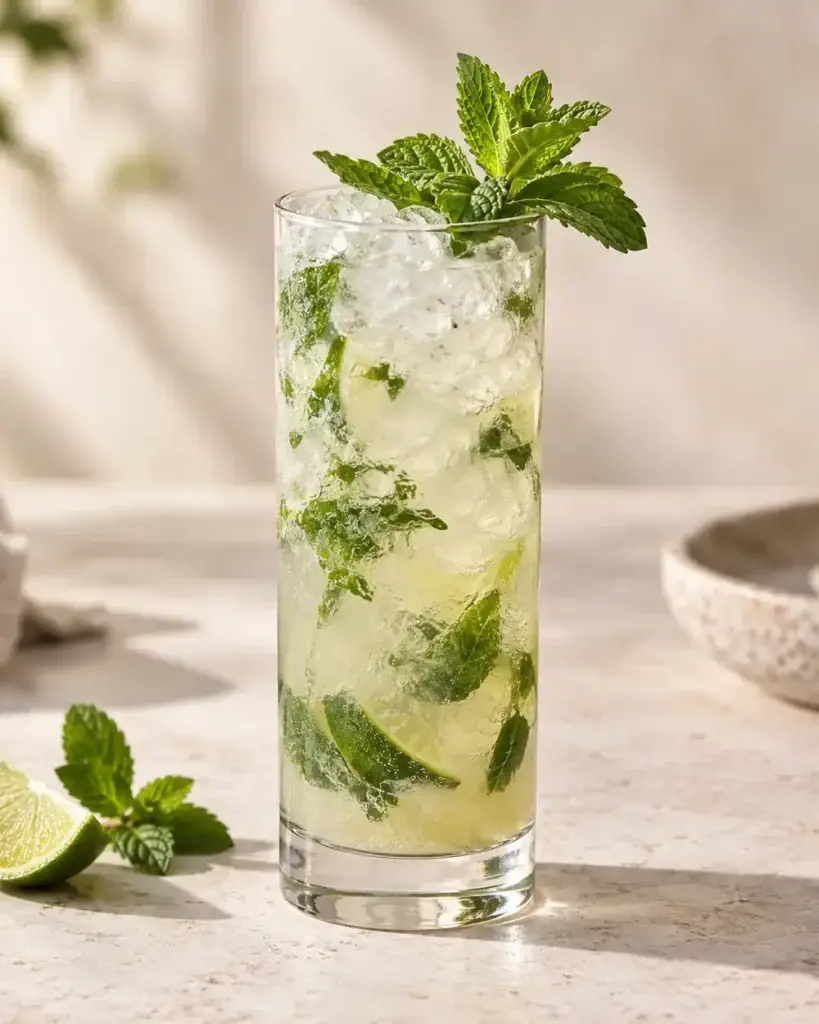 Mojito in a tall glass with crushed ice, fresh mint and lime