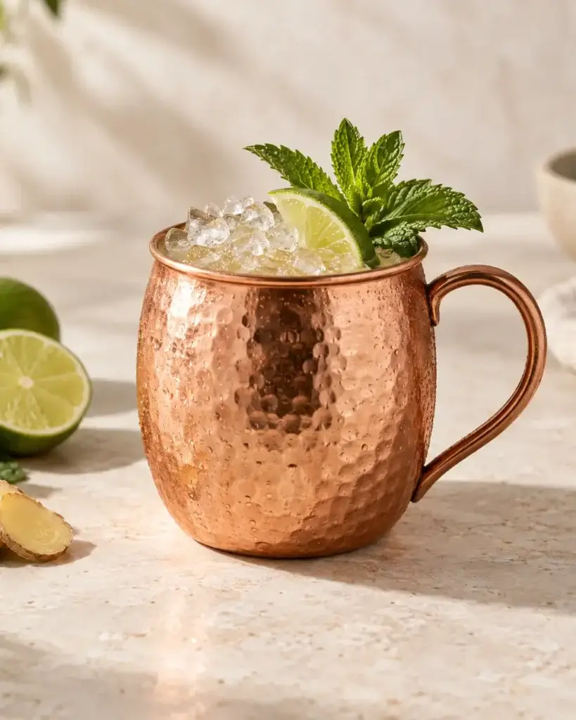 Moscow Mule in a hammered copper mug with crushed ice, lime and mint