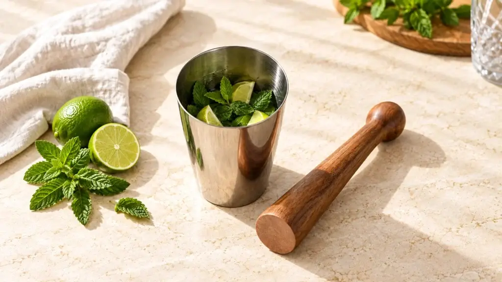 Smooth flat-faced hardwood muddler beside a tin of lightly pressed whole mint leaves and lime.