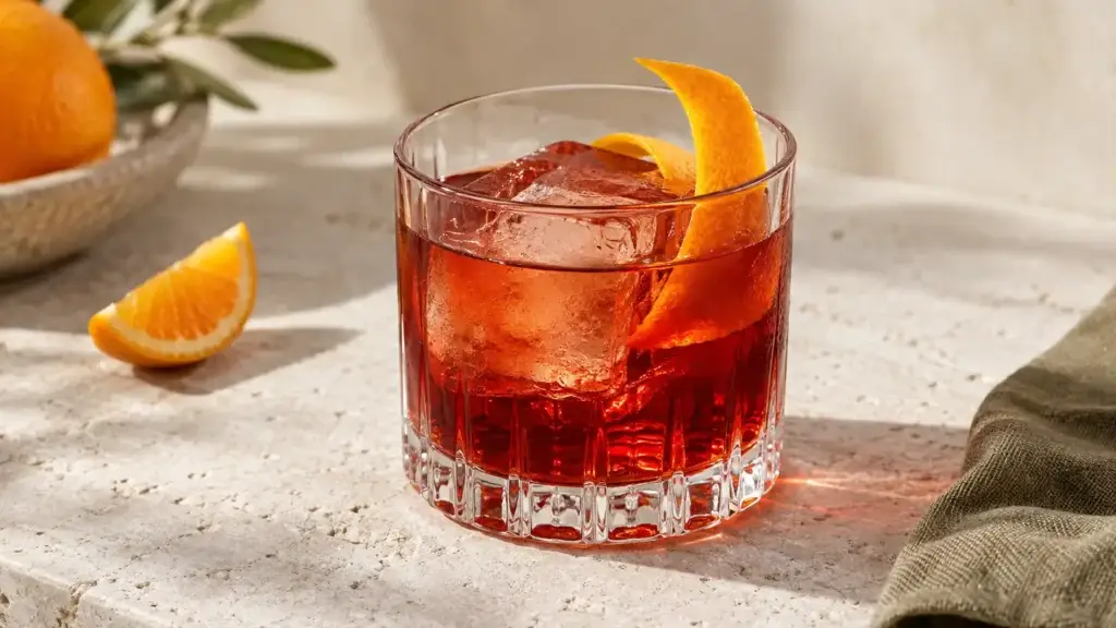 Ruby-red Negroni over clear ice with a curled orange peel