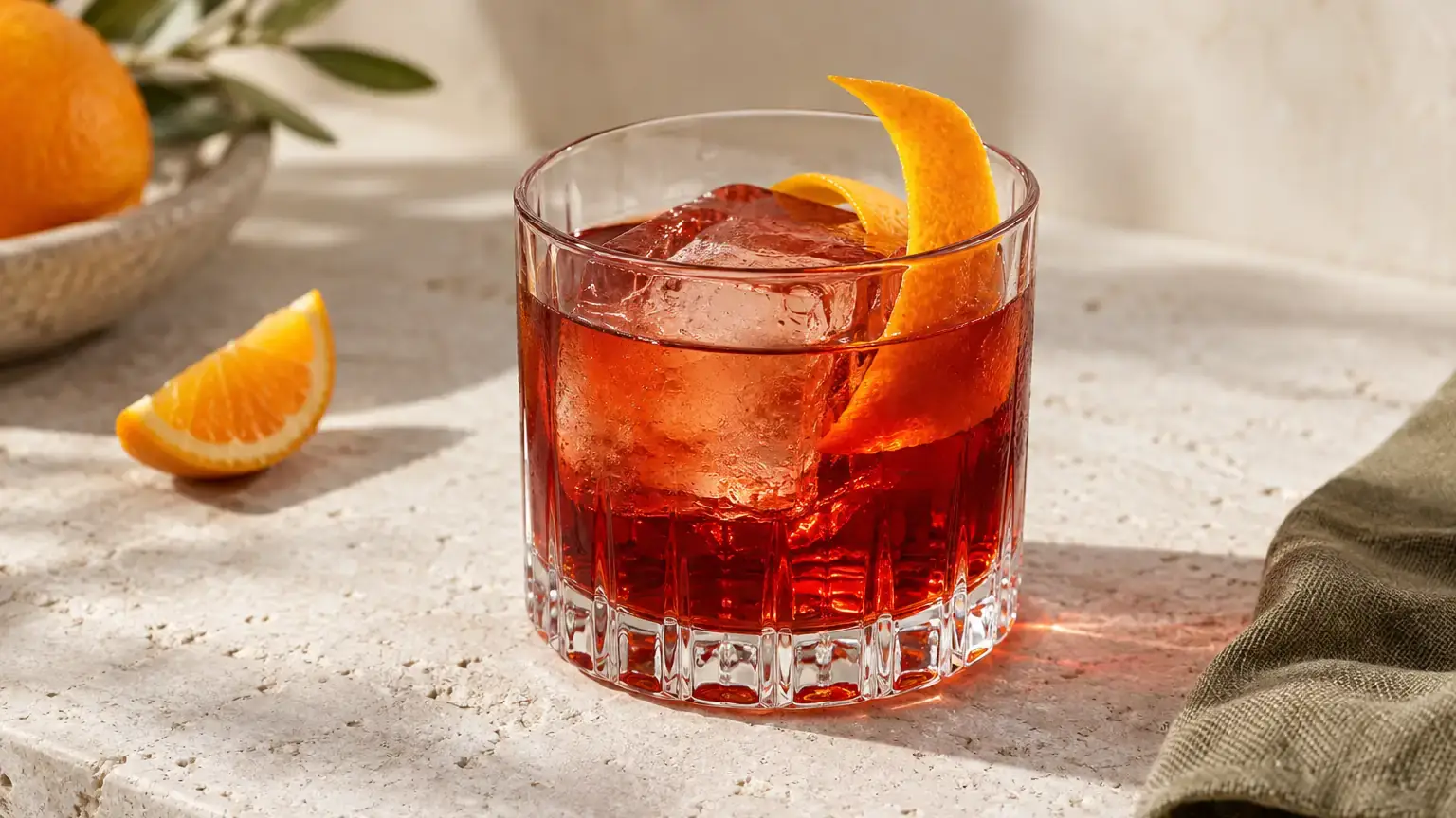 Ruby-red Negroni over clear ice with a curled orange peel