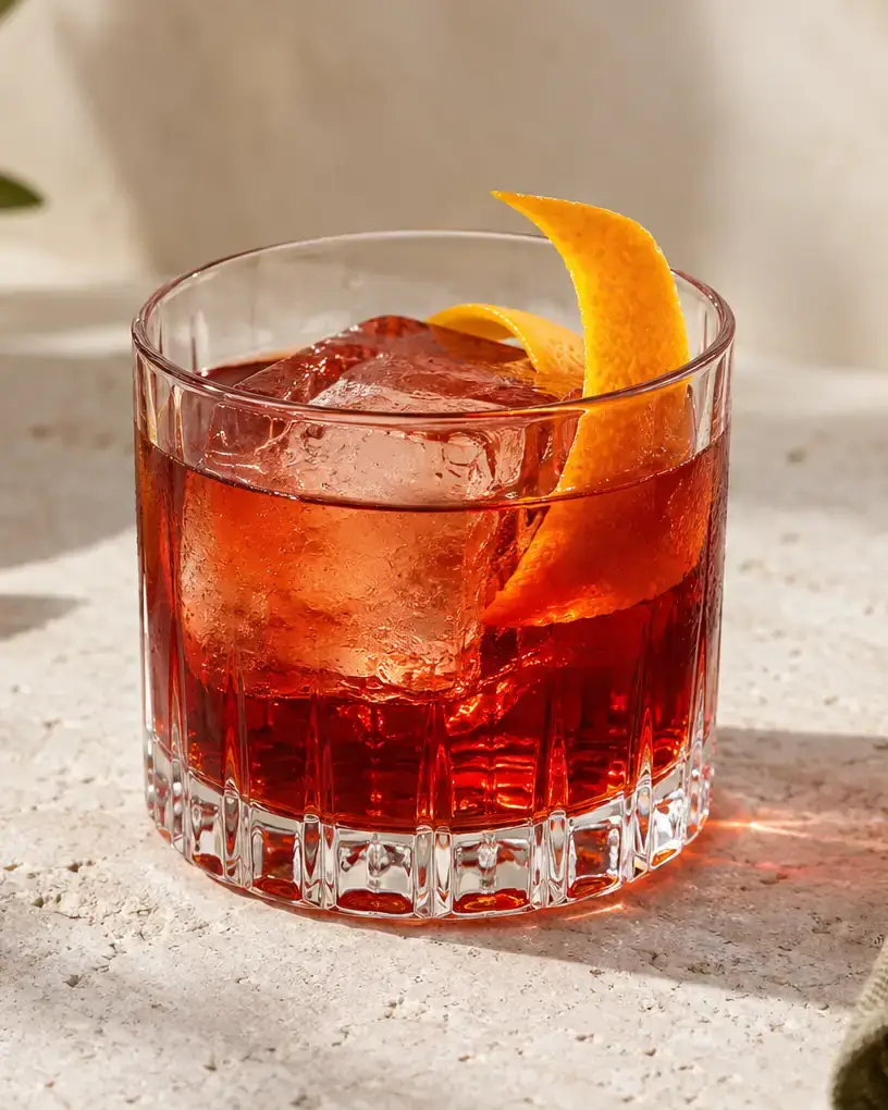 Ruby-red Negroni over clear ice with a curled orange peel