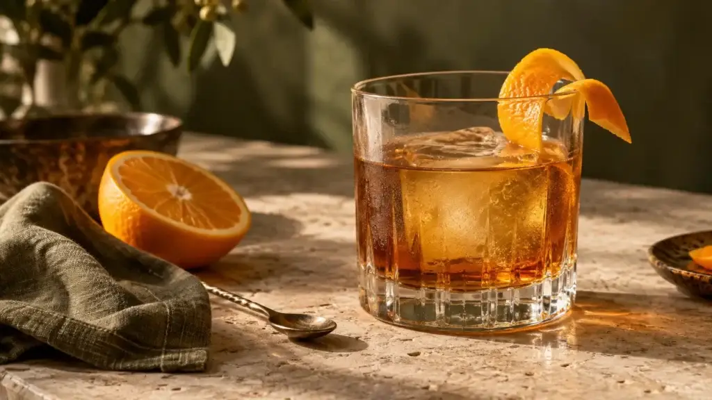 Amber Old Fashioned over a large ice cube with an orange peel