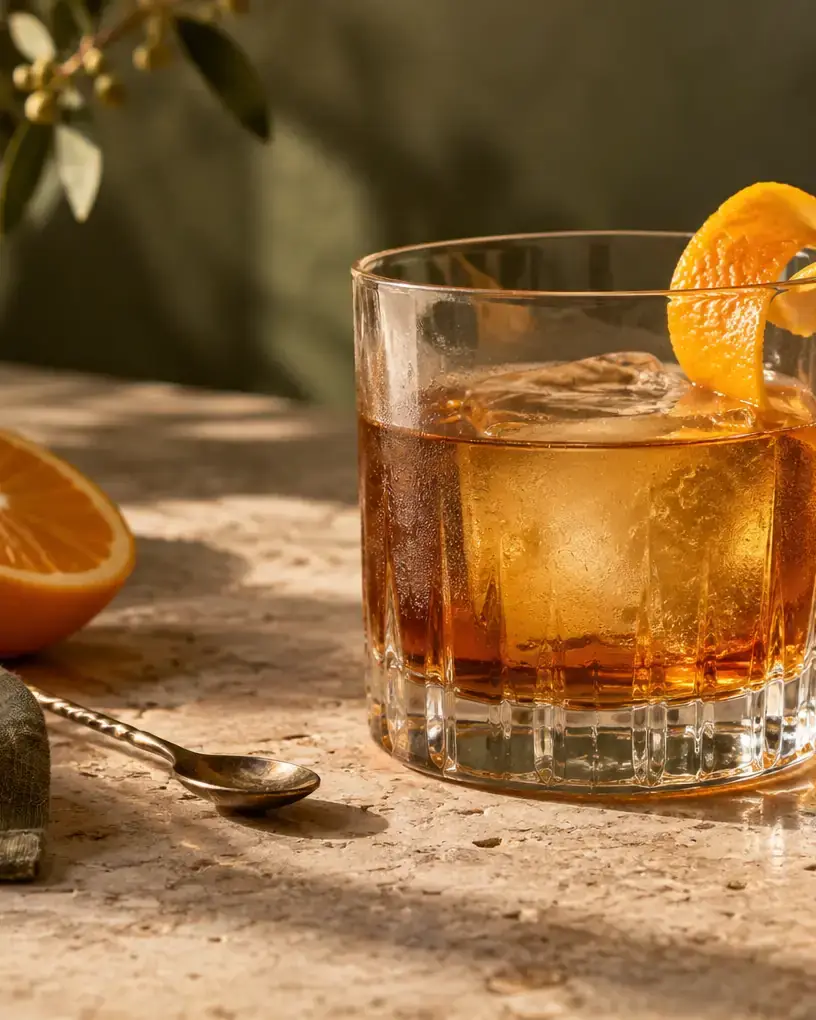 Amber Old Fashioned over a large ice cube with an orange peel