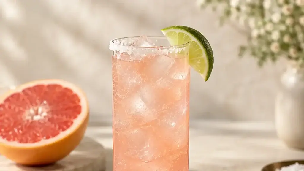 Pink grapefruit Paloma in a tall glass with ice and a lime garnish