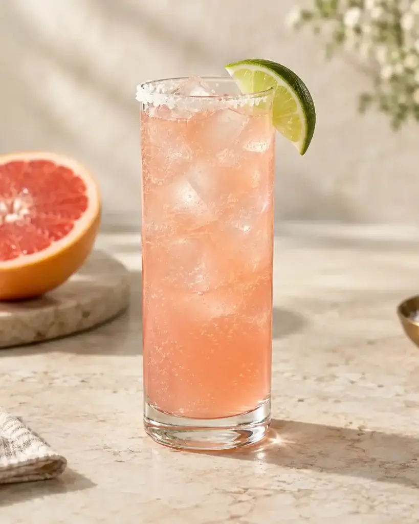Pink grapefruit Paloma in a tall glass with ice and a lime garnish