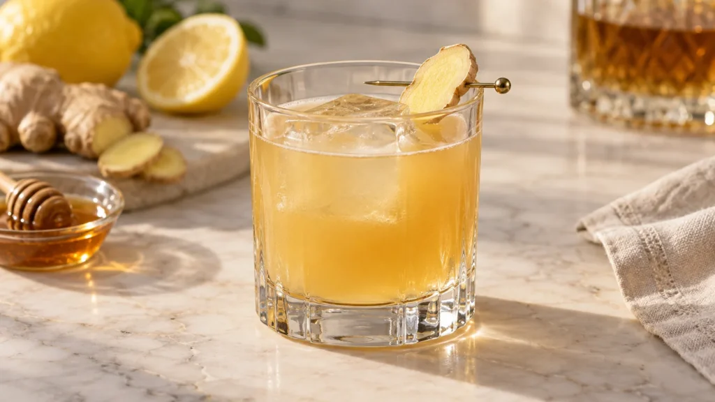 Penicillin cocktail in rocks glass with ginger