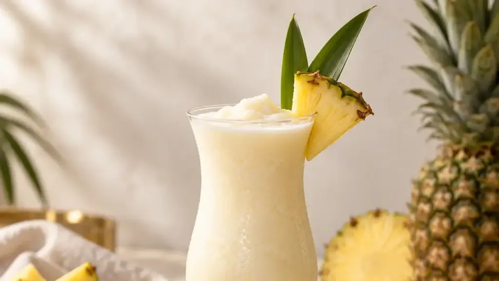 Creamy Piña Colada in a hurricane glass with pineapple garnish