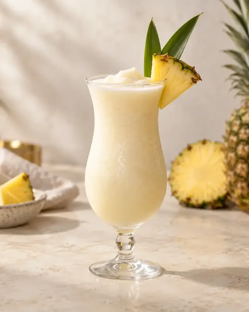 Creamy Piña Colada in a hurricane glass with pineapple garnish