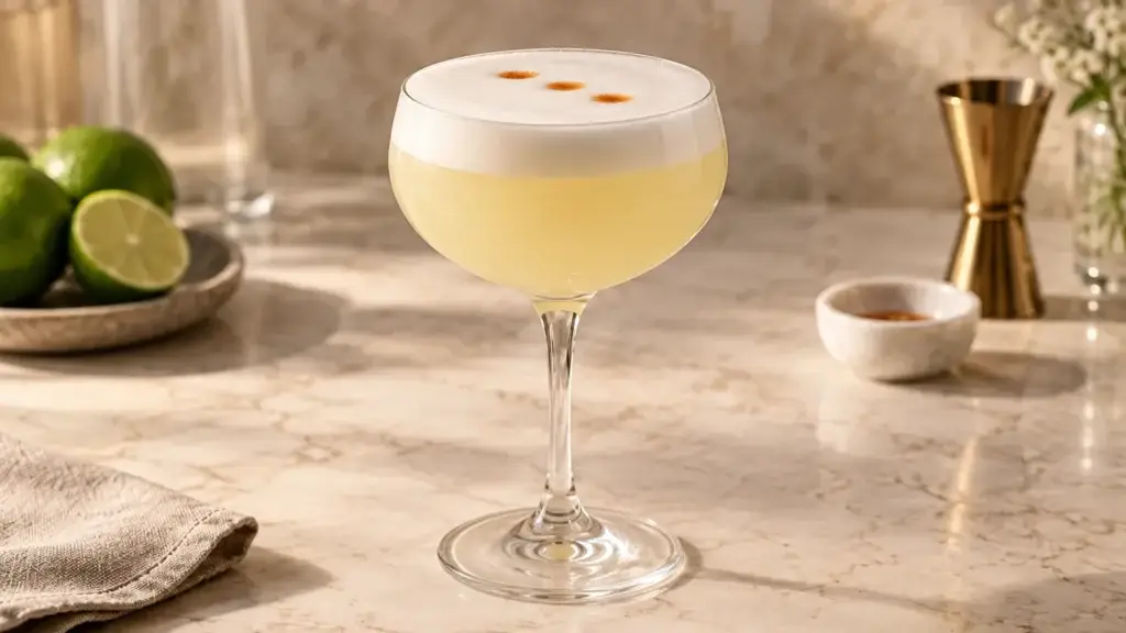 Pisco Sour cocktail in coupe with angostura bitters