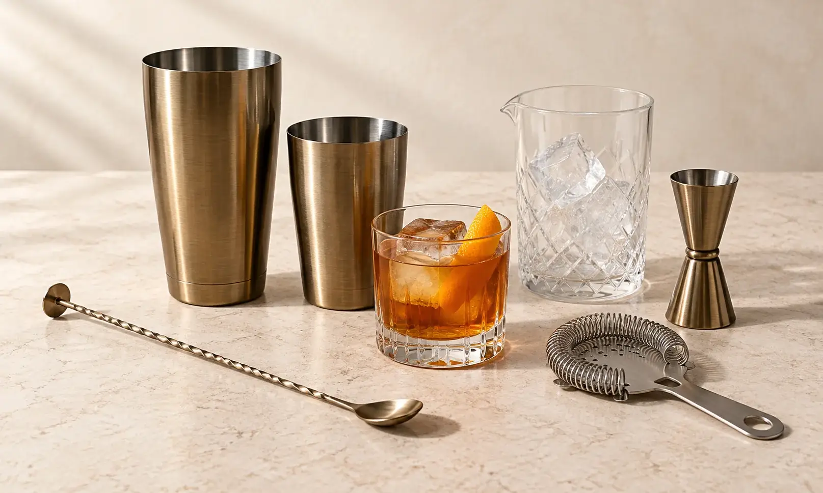 Shaker, jigger, strainer and mixing glass with an Old Fashioned