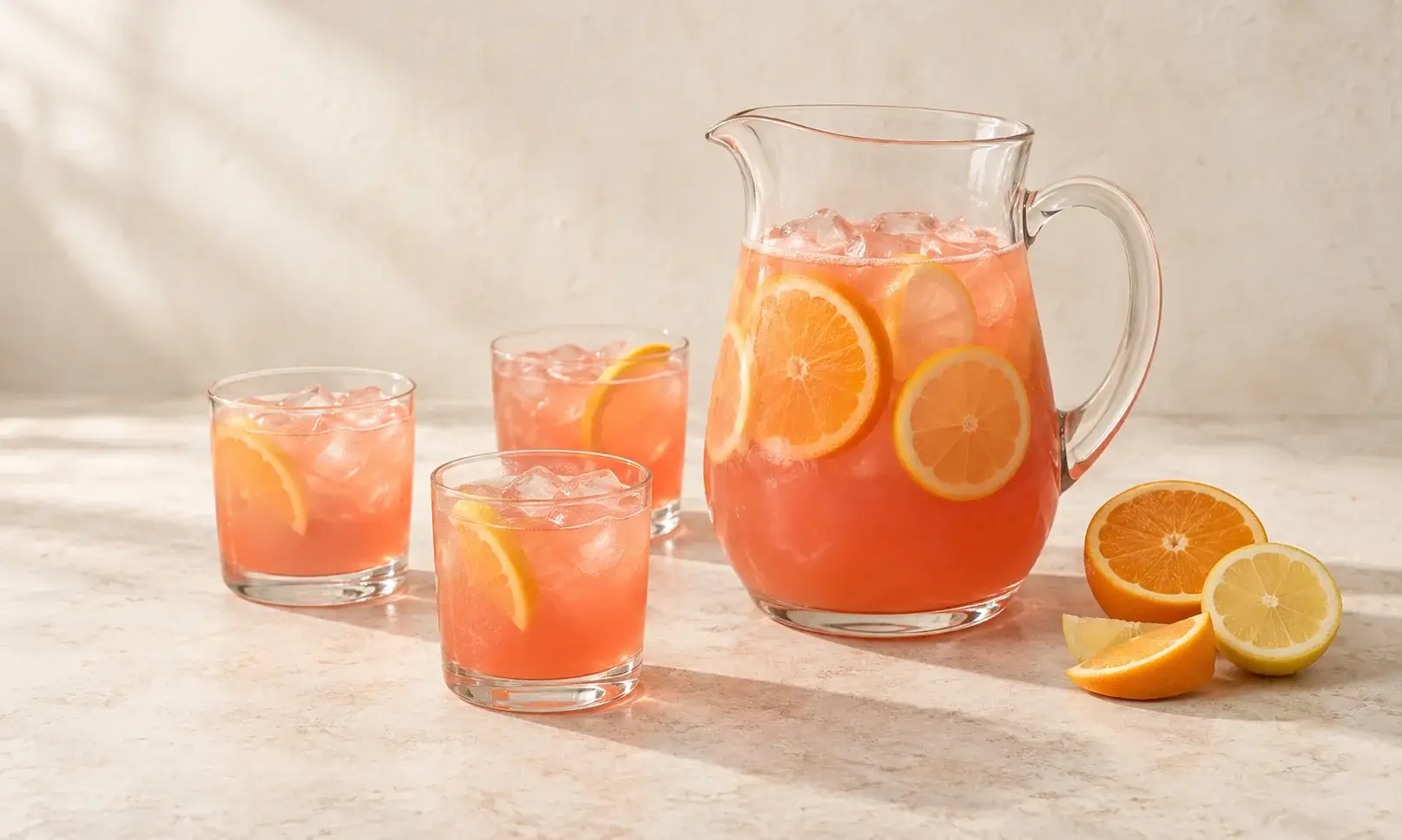 A pitcher of pink citrus punch with three matching glasses
