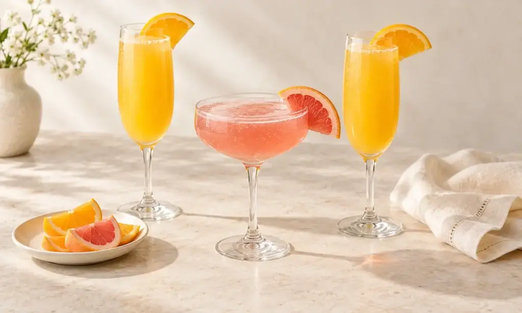 Orange mimosas and pink grapefruit fizz on a light brunch table