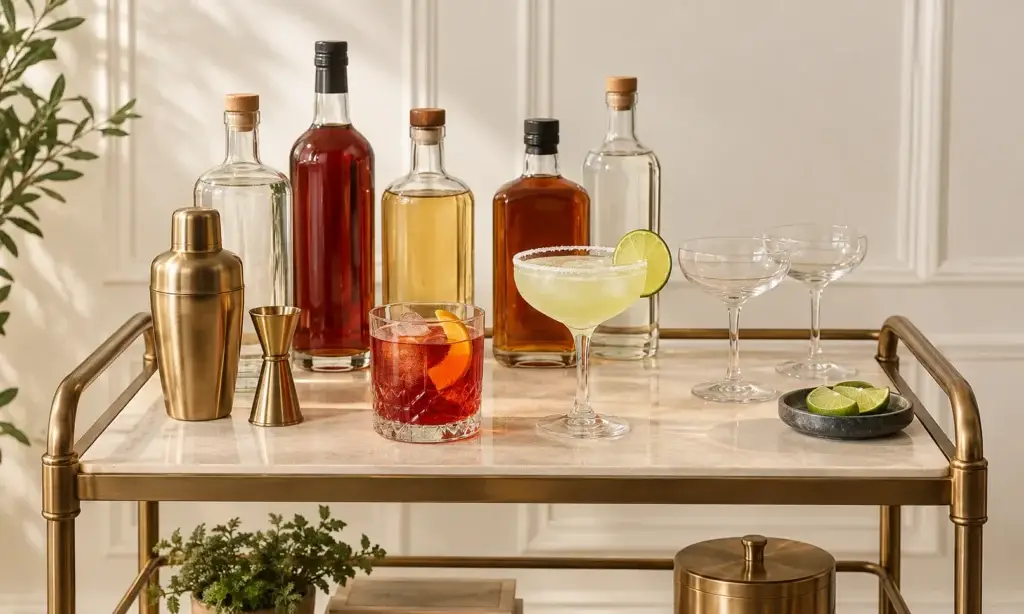 Bronze home bar cart with unlabeled bottles, tools and two cocktails