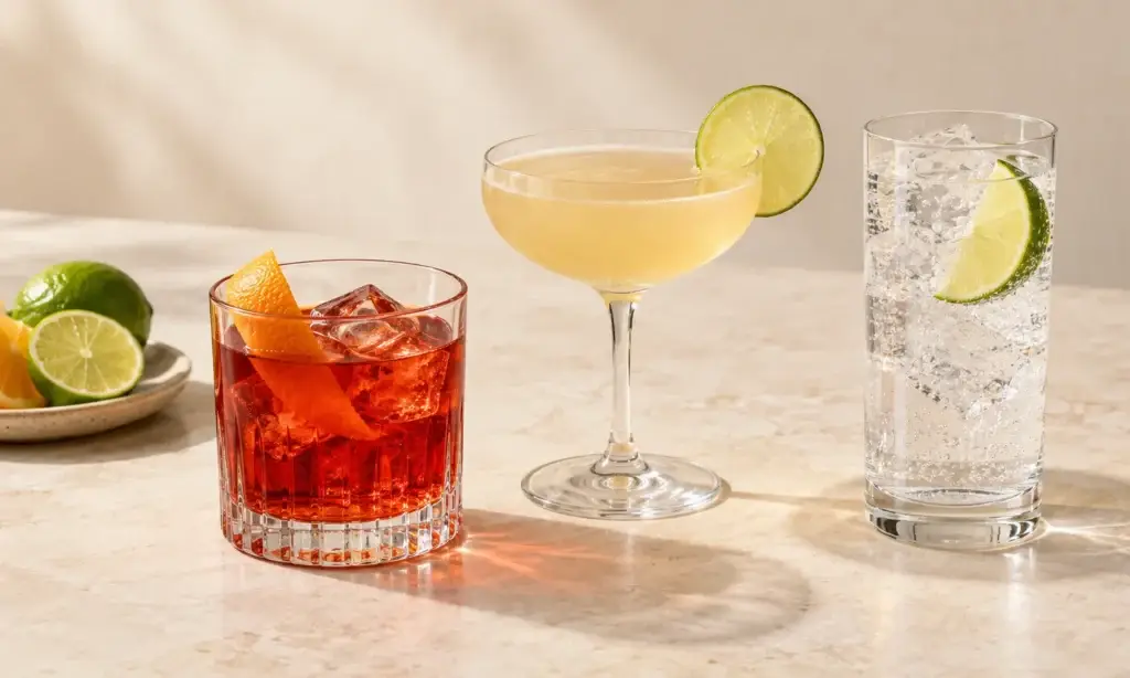 Negroni, Daiquiri and gin-and-tonic with fresh citrus