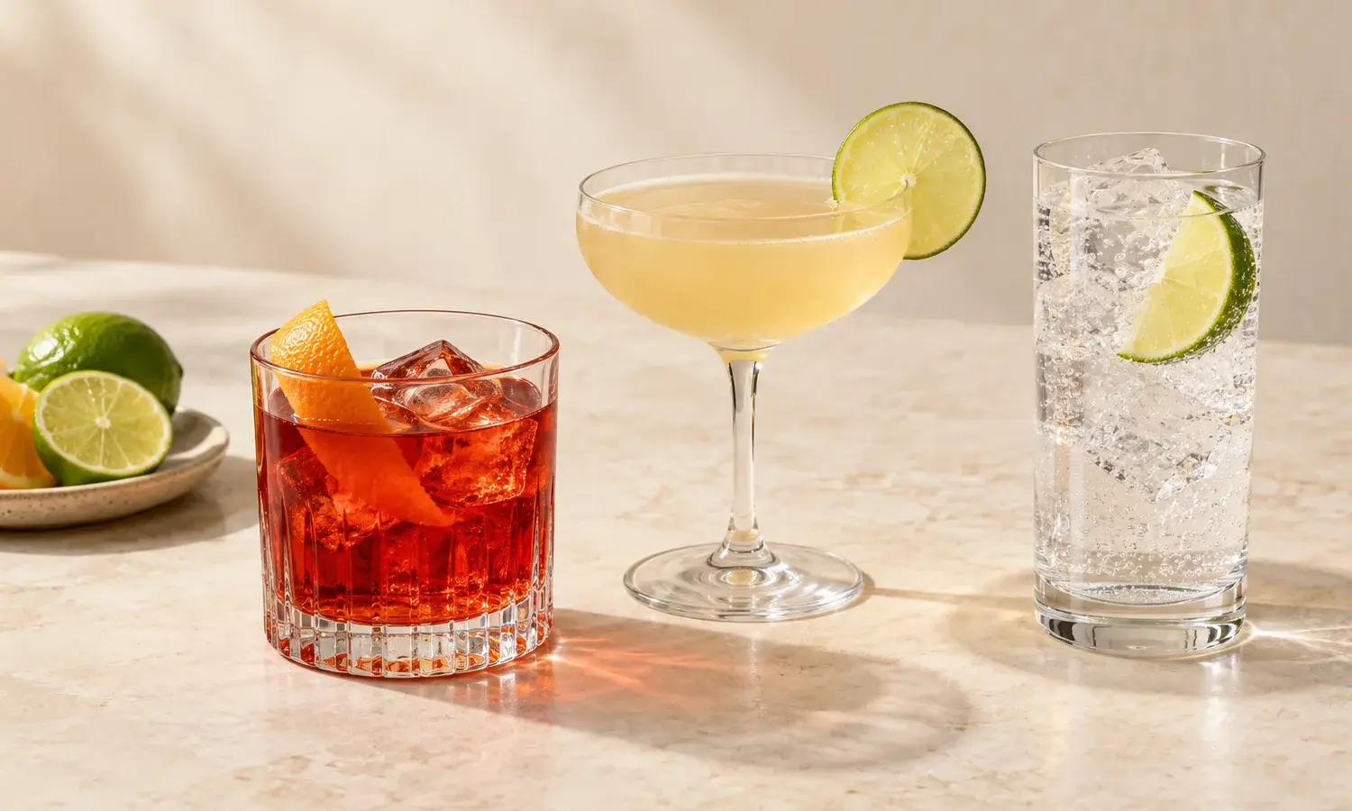 Negroni, Daiquiri and gin-and-tonic with fresh citrus