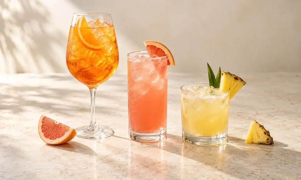 Orange spritz, pink Paloma and pineapple cooler with citrus