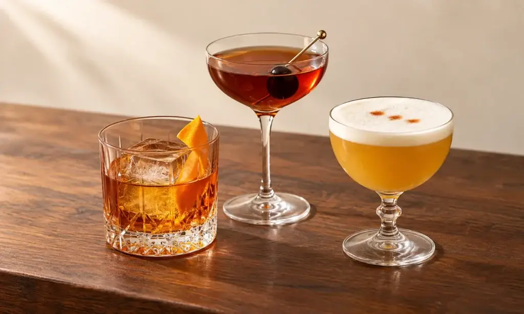 Old Fashioned, Manhattan and Whiskey Sour on dark walnut