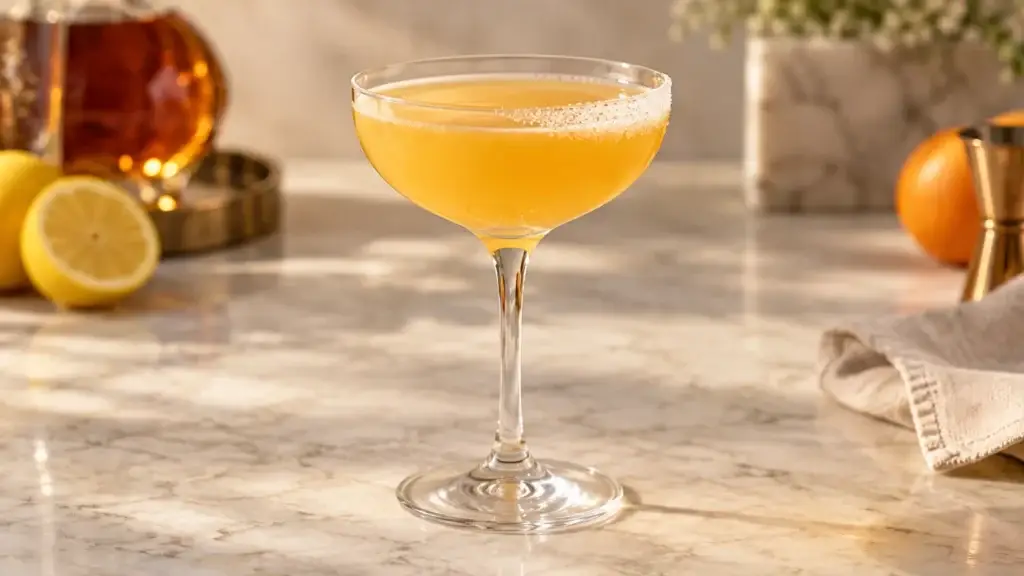 Sidecar cocktail in coupe with sugar rim