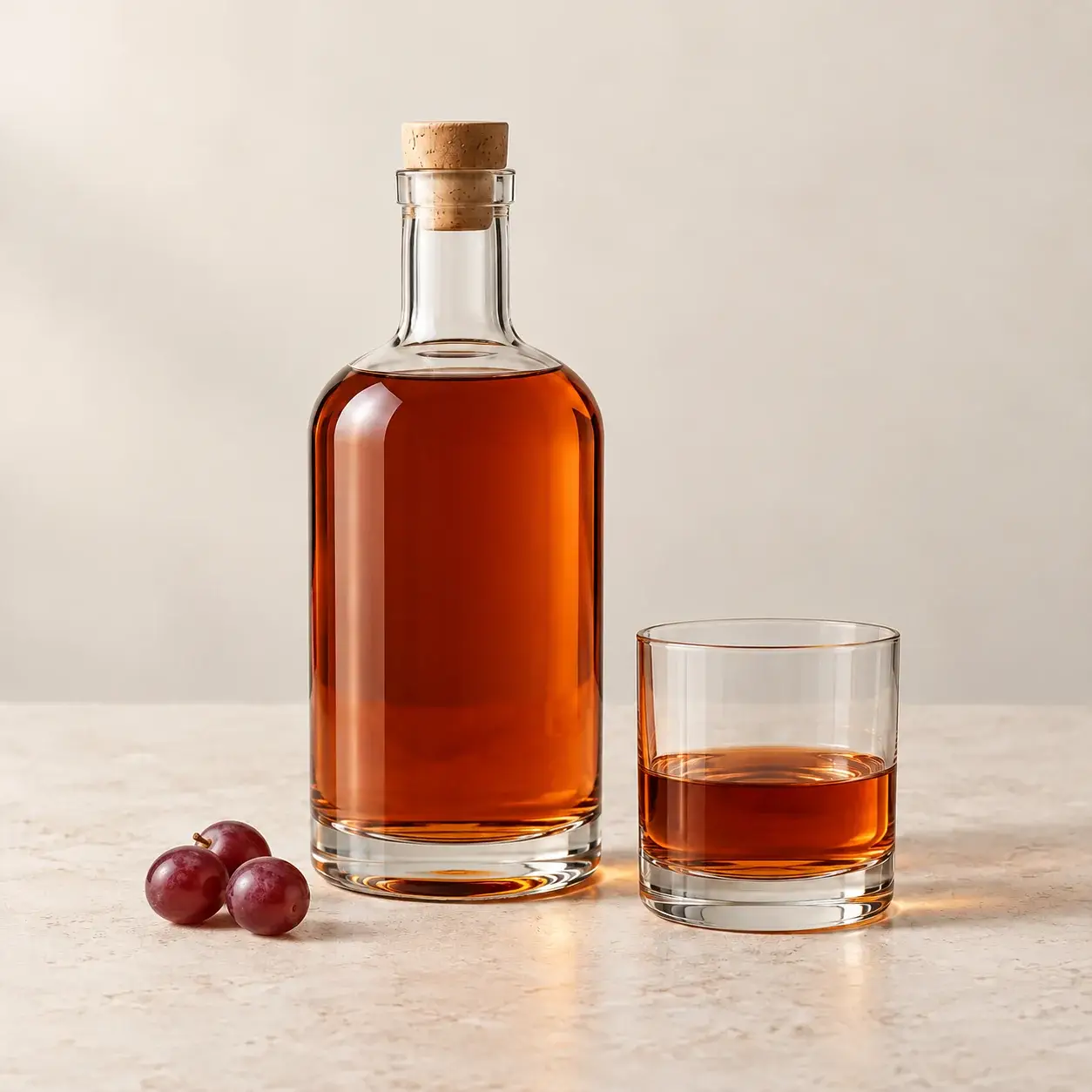 Unlabeled brandy bottle and matching tasting glass on pale limestone