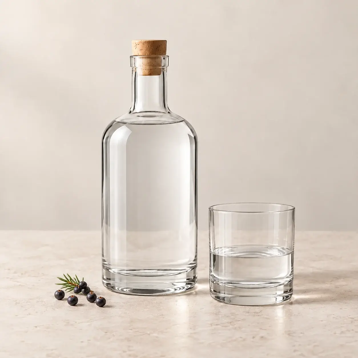 Unlabeled gin bottle and matching tasting glass on pale limestone