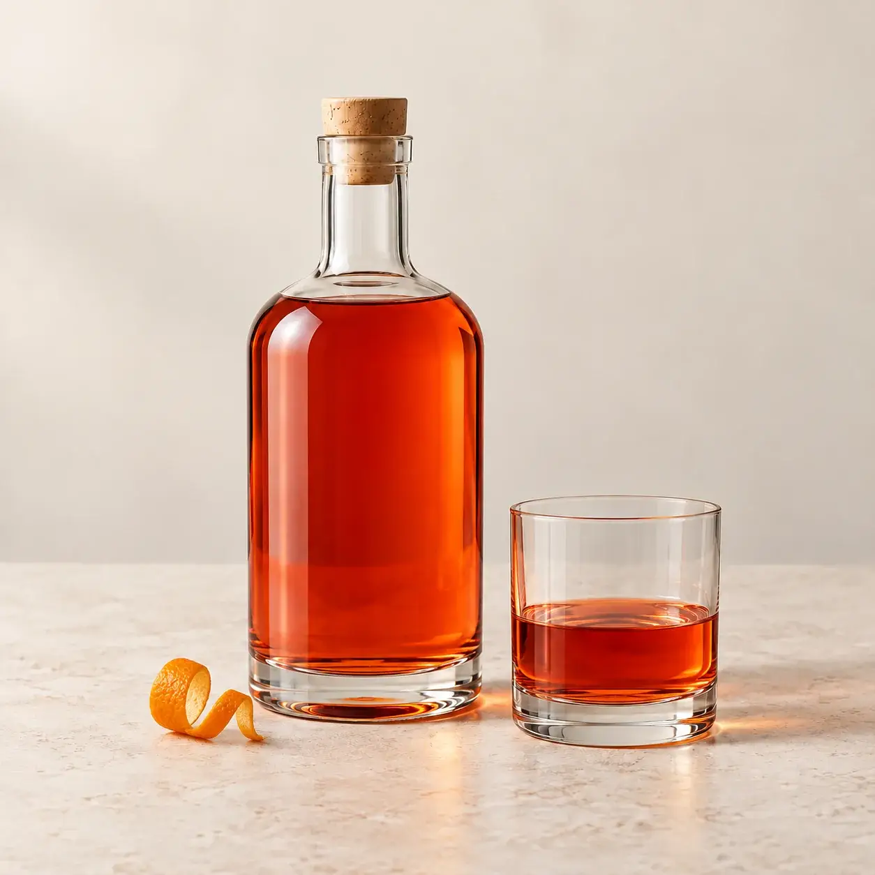 Unlabeled liqueurs bottle and matching tasting glass on pale limestone
