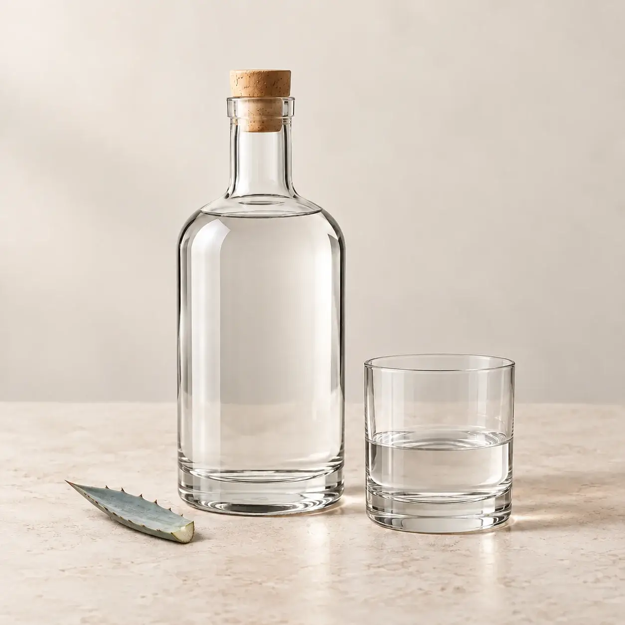 Unlabeled mezcal bottle and matching tasting glass on pale limestone