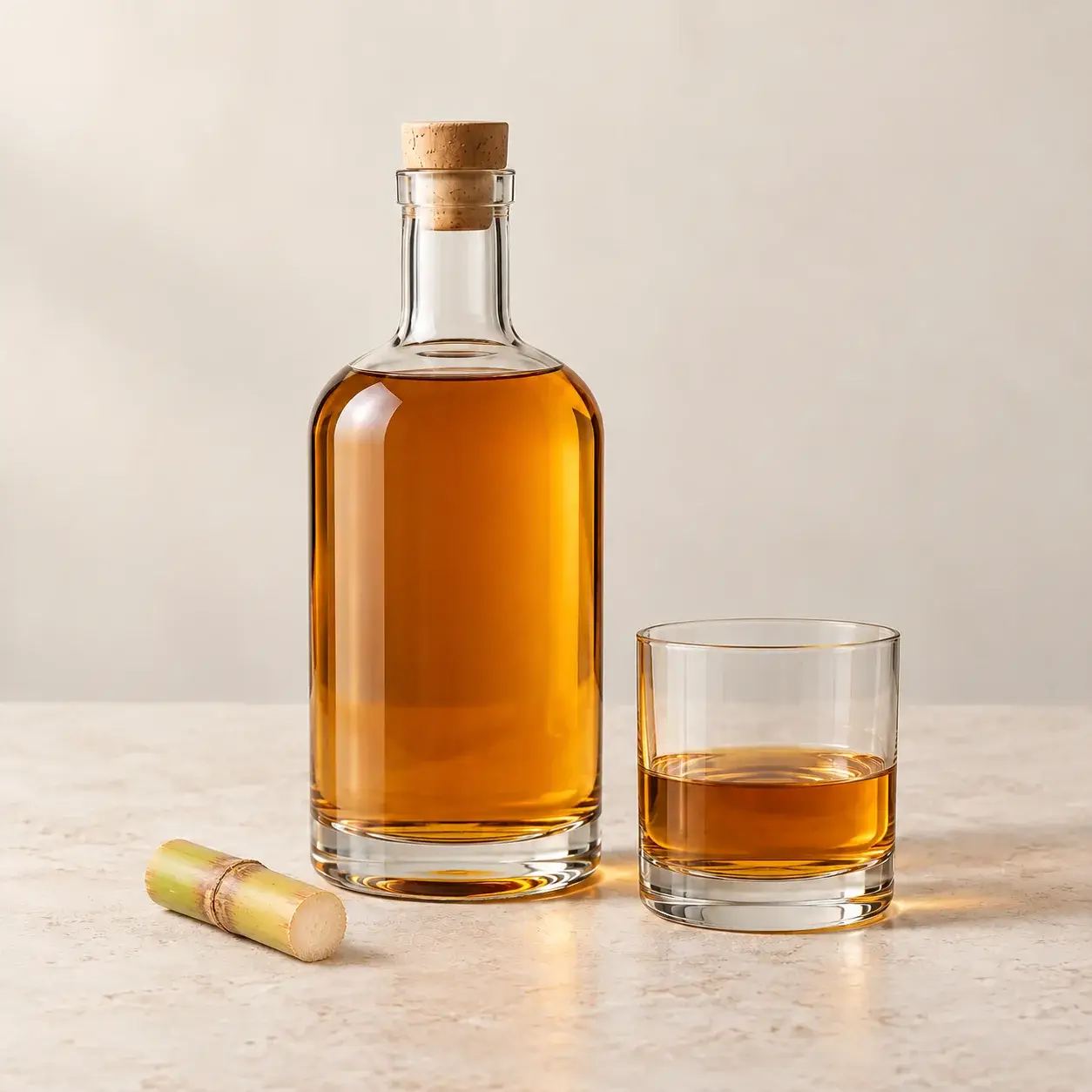 Unlabeled rum bottle and matching tasting glass on pale limestone