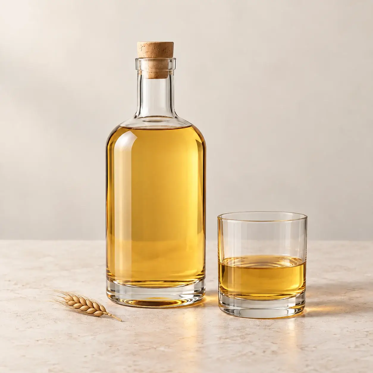Unlabeled scotch bottle and matching tasting glass on pale limestone