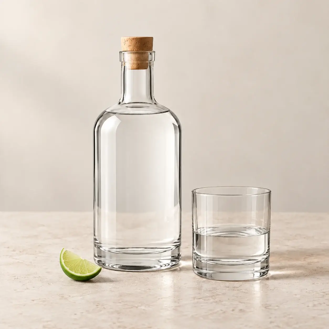 Unlabeled tequila bottle and matching tasting glass on pale limestone
