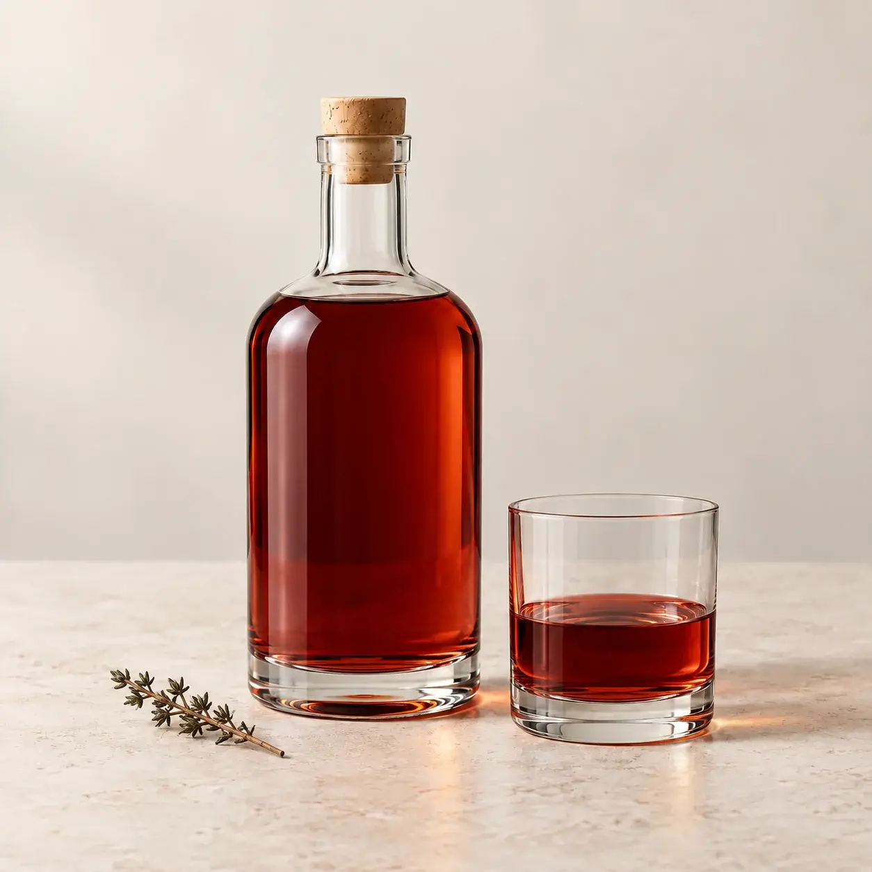 Unlabeled vermouth bottle and matching tasting glass on pale limestone